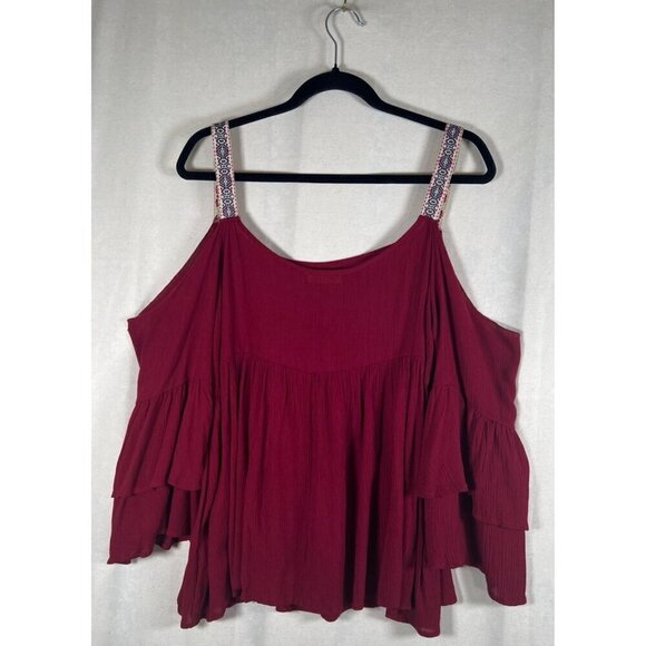 Dee Elle Womens M Top Wine Bell Sleeve Baby Doll Cold Shoulder Embroidery Strap - Picture 9 of 9